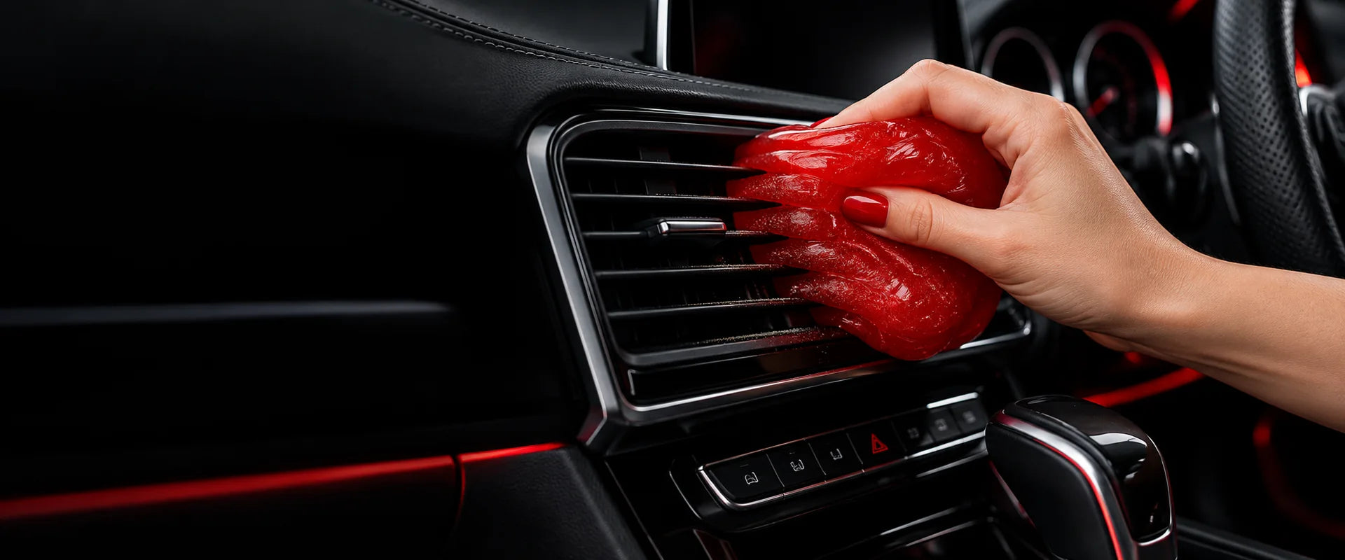 Interior detailing gel cleaning a dashboard air vent
